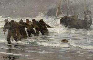 Le Halage Des Barques De Peche by Eugene Chigot