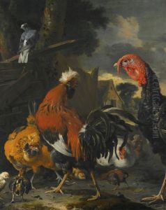 A Cockerel, a Turkey, Hens and Chickens in a Farmyard by Melchior D'Hondecoeter