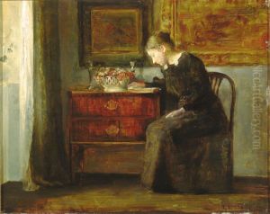 Interior with the artist's wife reading a book by the window. by Carl Holsoe