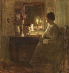Interior med siddende kvinde i stearinlysets skaer by Carl Holsoe