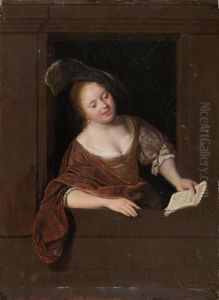 Young woman singing in a window Young woman singing in a window