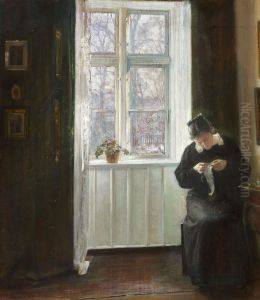 Interior with the artist's wife sewing at the window. by Carl Holsoe