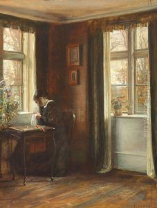 Interior. The artist's wife sewing by the window. by Carl Holsoe