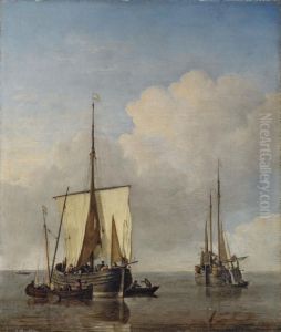 A hoeker and a buss at anchor in a calm by Willem van de Velde the Younger