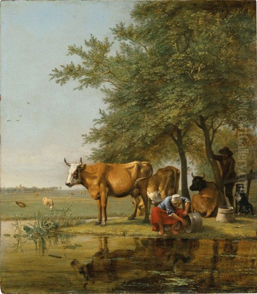 Woman cleaning a bucket - view 1