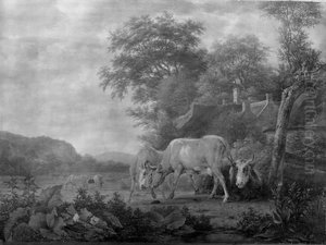 Two Cows Fighting, with a third cow lying down Two Cows Fighting, with a third cow lying down