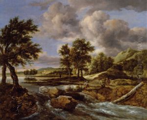 Heuvellandschap met een visser bij een waterval by Jacob Van Ruisdael