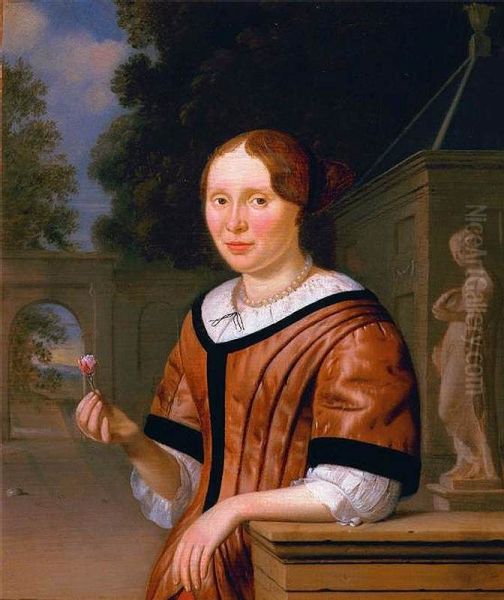 Portrait of a lady, half-length, in pink with pearls, holding a pink rose, beside a statue of Flora, in a courtyard, a landscape beyond - view 1