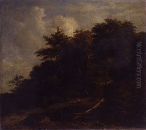 Boslandschap met enkele figuren op een weg by Jacob Van Ruisdael