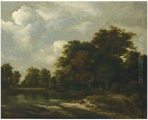 Wooded landscape with travellers on a track by a river by Jacob Van Ruisdael