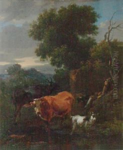 Cattle in a Stream, with a Herd Boy Resting by Nicolaes Pieterszoon Berchem