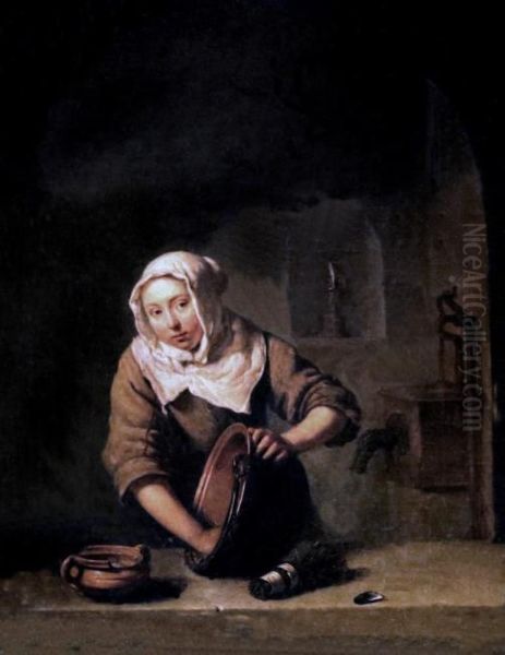 Young Woman Scouring a Copper Pot - view 1