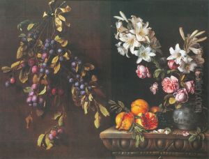 Nature morte a la branche de prunier suspendue a un mur, grenades et vase de lys sur un entablement sculpte. by Pierre Dupuis