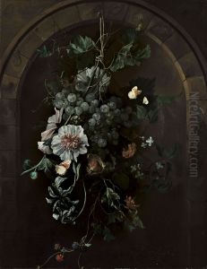 A swag of fruit and flowers suspended before a stone arch