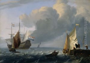 Dutch frigate and other ships off the coast; on the right side a pier where ships are loaded by Ludolf Bakhuizen