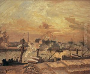 Dechargement de bois, quai de la Bourse, coucher de soleil by Camille Pissarro