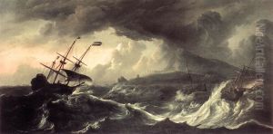 Schip in een storm nabij een bergachtige kust by Ludolf Bakhuizen