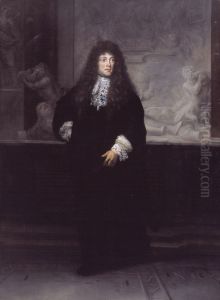 Portrait of Petrus Francius (1645-1704) standing in front of the monument od Michiel de Ruyter by Ludolf Bakhuizen