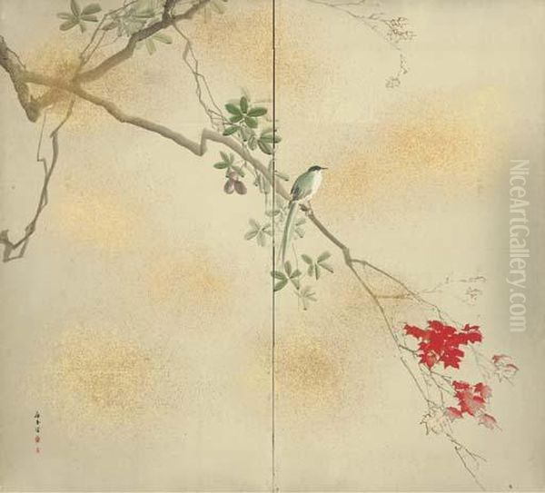 Long-tailed Magpie In Red Maple With Entwined Locquats - view 1