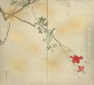 Long-tailed Magpie In Red Maple With Entwined Locquats by Kishi Chikudo