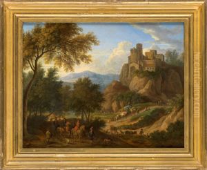 Heuvellandschap met elegant gezelschap, een kasteel in de achtergrond