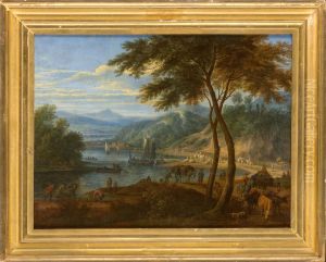 Rivierlandschap met boeren en vee op de oever