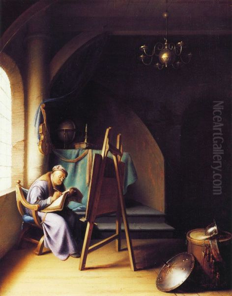 Man writing by an easel - view 1