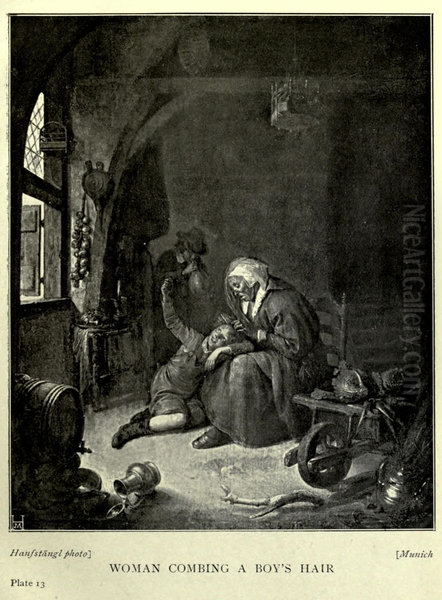 Old woman combing a boy's hair - view 1