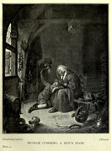 Old woman combing a boy's hair Old woman combing a boy's hair