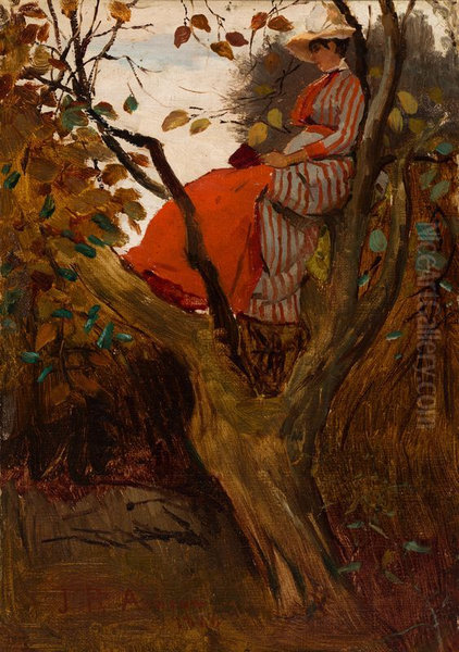A woman seated in a tree - view 1