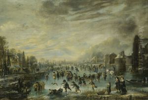 Winter landscape with figures ice skating, sleighing and playing kolf on a frozen river by Aert van der Neer