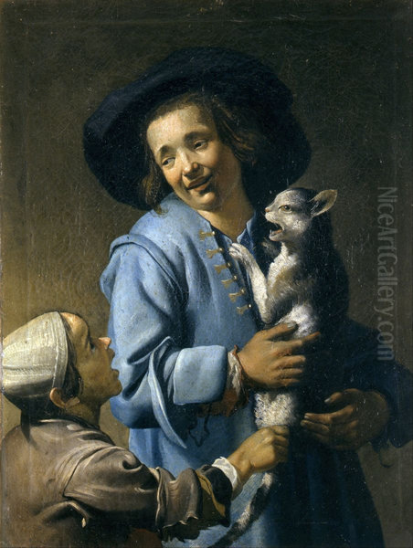 Youths playing with the cat - view 1
