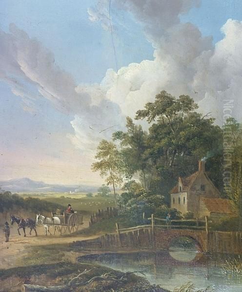 A Rural Landscape With Horses And Cart, House, River And Bridge - view 1