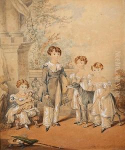 Two Family Portraits Of Children, One With Agirl Playing A Harp, And One With A Hat And Green Parasol In Theforeground