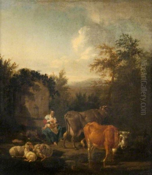 A Woman and a Child, Cattle and Sheep by a Fountain - view 1