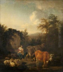 A Woman and a Child, Cattle and Sheep by a Fountain by Adriaen Van De Velde