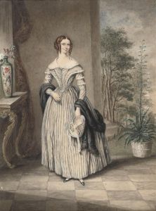 Portrait Of A Girl Holding A Bonnet In Her Left Hand, Standing In An Interior, A Garden Beyond by James Warren Childe