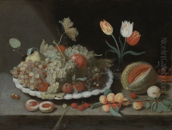 Still life with grapes and other fruit on a platter, a glass vase with tulips, a melon, apricots, cherries and other fruits, all on a ledge - view 1