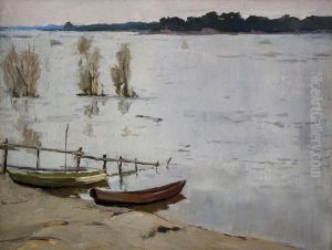 Boats on the banks of the Isar river by Otto Strutzel