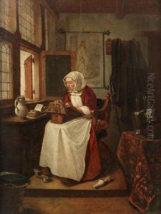 Woman seated by a window, making lace by Quirijn van Brekelenkam