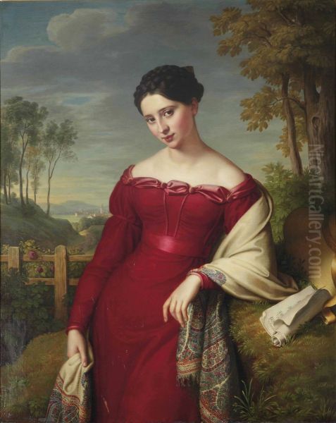 Potrait of a young elegant lady, three-quarter length, in a red dress with an embroidered shawl, standing in a landscape - view 1