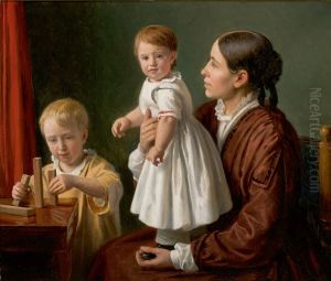 Interior with Georgia Skovgaard and her sons Joakim and Niels. by Constantin Hansen
