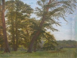 Person standing at the edge of a forest. by P. C. Skovgaard