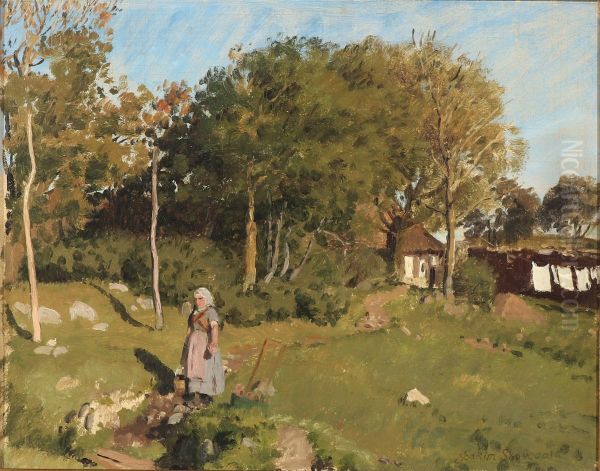 Landscape with a peasant girl in the garden, in the background clothesline with laundry - view 1