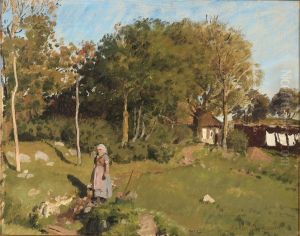 Landscape with a peasant girl in the garden, in the background clothesline with laundry by Joakim Skovgaard