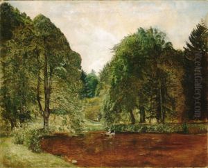 A lake in the woods with swans. by P. C. Skovgaard