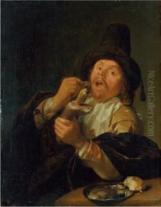 Man eating ham by Godfried Schalcken