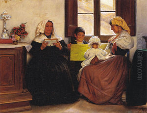 Italian Interior. Two Women and two Children at a Window. Italian Interior. Two Women and two Children at a Window.