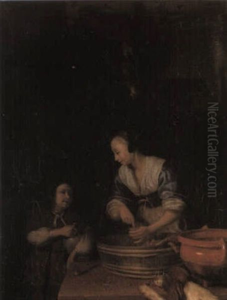 A woman preparing sausages and a boy - view 1