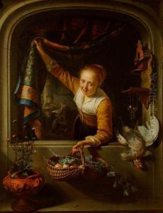 Young woman with a basket of fruit in a window by Gerrit Dou